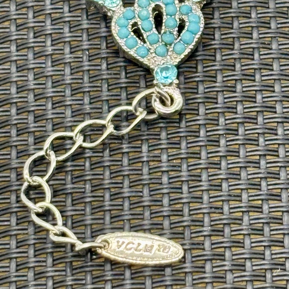Vintage VCLM Victorian Style Silver Tone Bracelet, Blue Crystals, Faux Turquoise - Picture 7 of 9